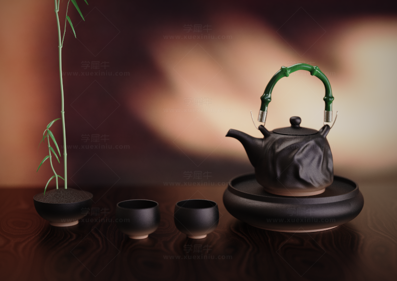 中式茶壶茶杯茶具桌面渲染场景
