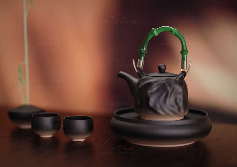 中式茶壶茶杯茶具桌面渲染场景