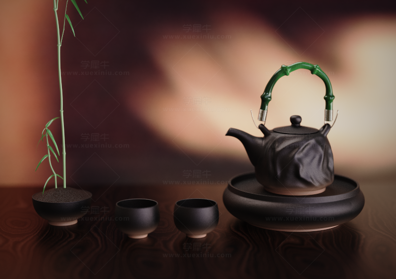 中式茶壶茶杯茶具桌面渲染场景