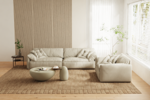 现代简约暖白客厅-阳台 沙发 茶几 地毯 植物 场景